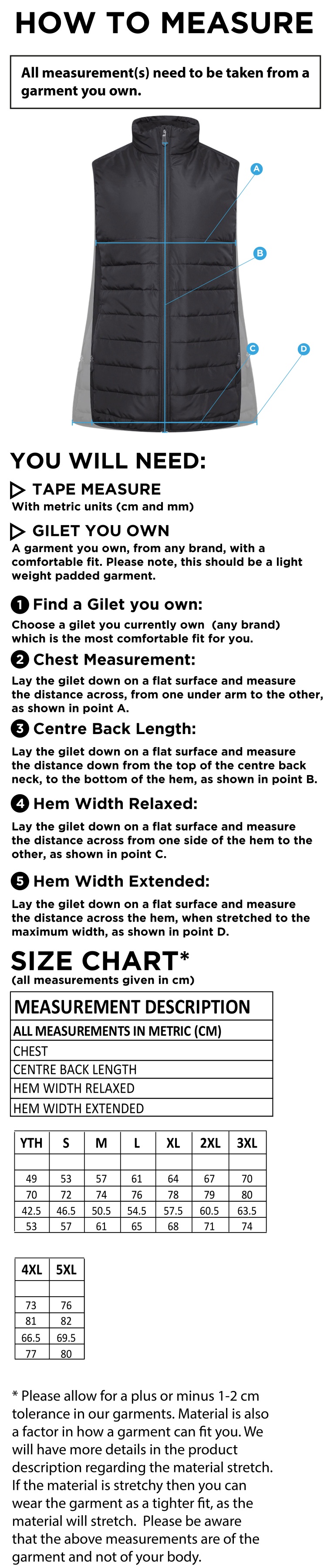 Merrow CC - Active Gilet - Unisex Fit - Size Guide