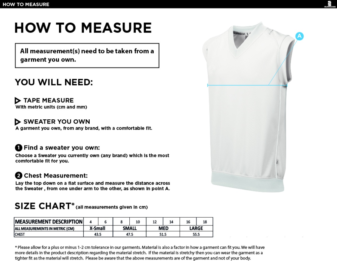 Merrow CC - Blast Sleeveless Cricket Sweater - Women's Fit - Size Guide