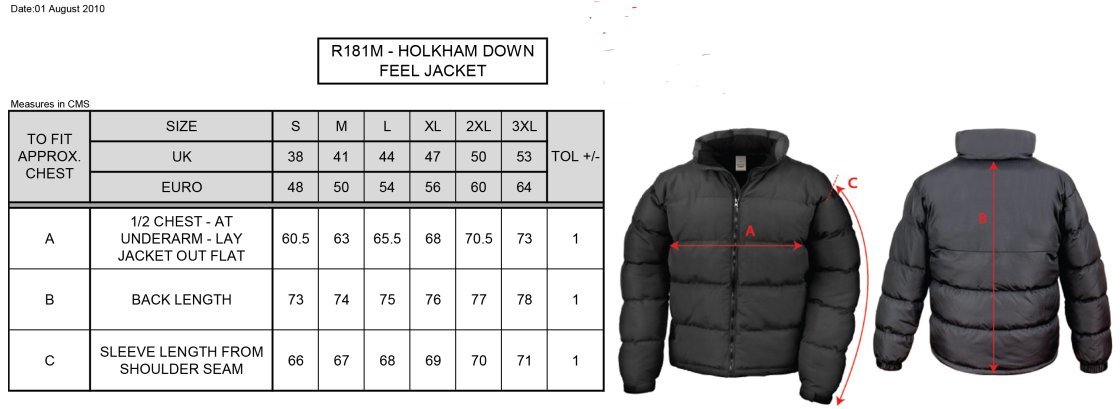 Holkham Down Feel Jacket : Black - Size Guide