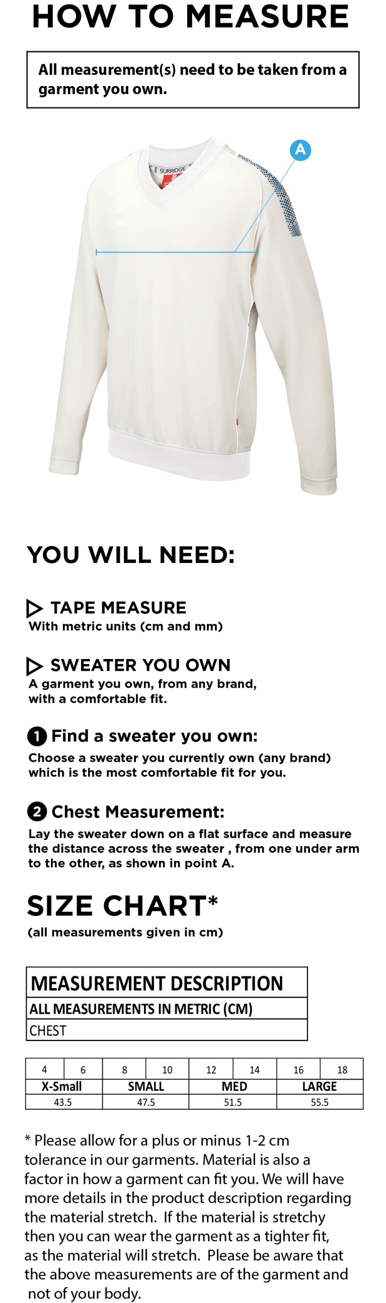 Merrow CC - Blast Long Sleeve Cricket Sweater - Women's Fit - Size Guide