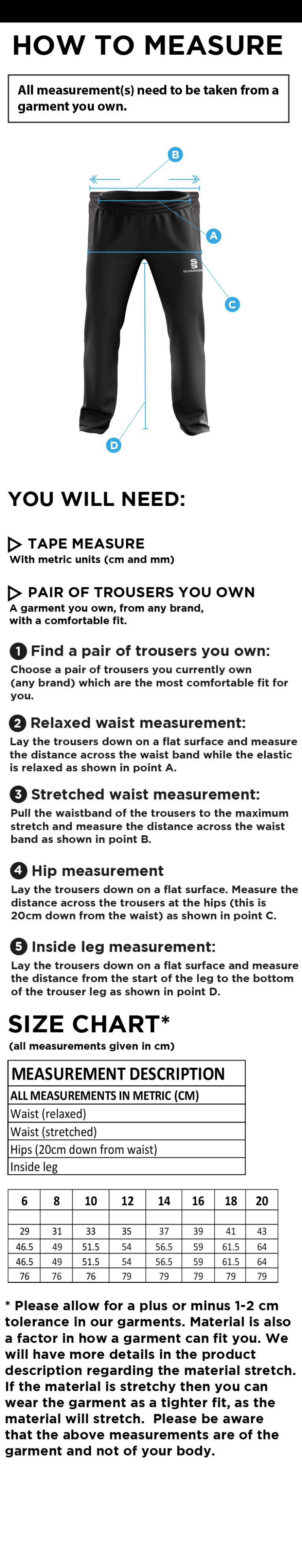 Merrow CC - Dual Poplin Track Pant - Women's Fit - Size Guide