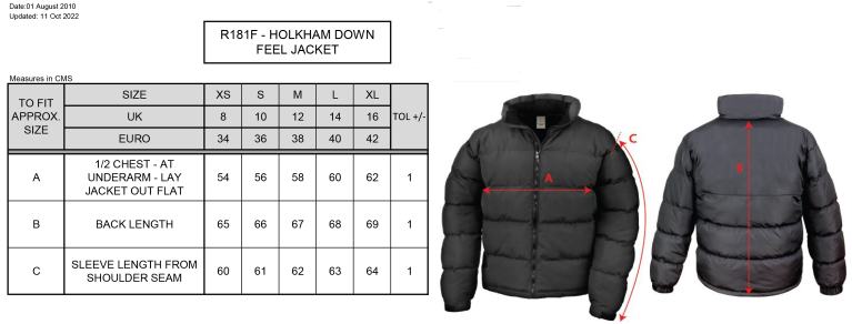 Merrow CC - Holkham Down Feel Jacket - Women's Fit - Size Guide