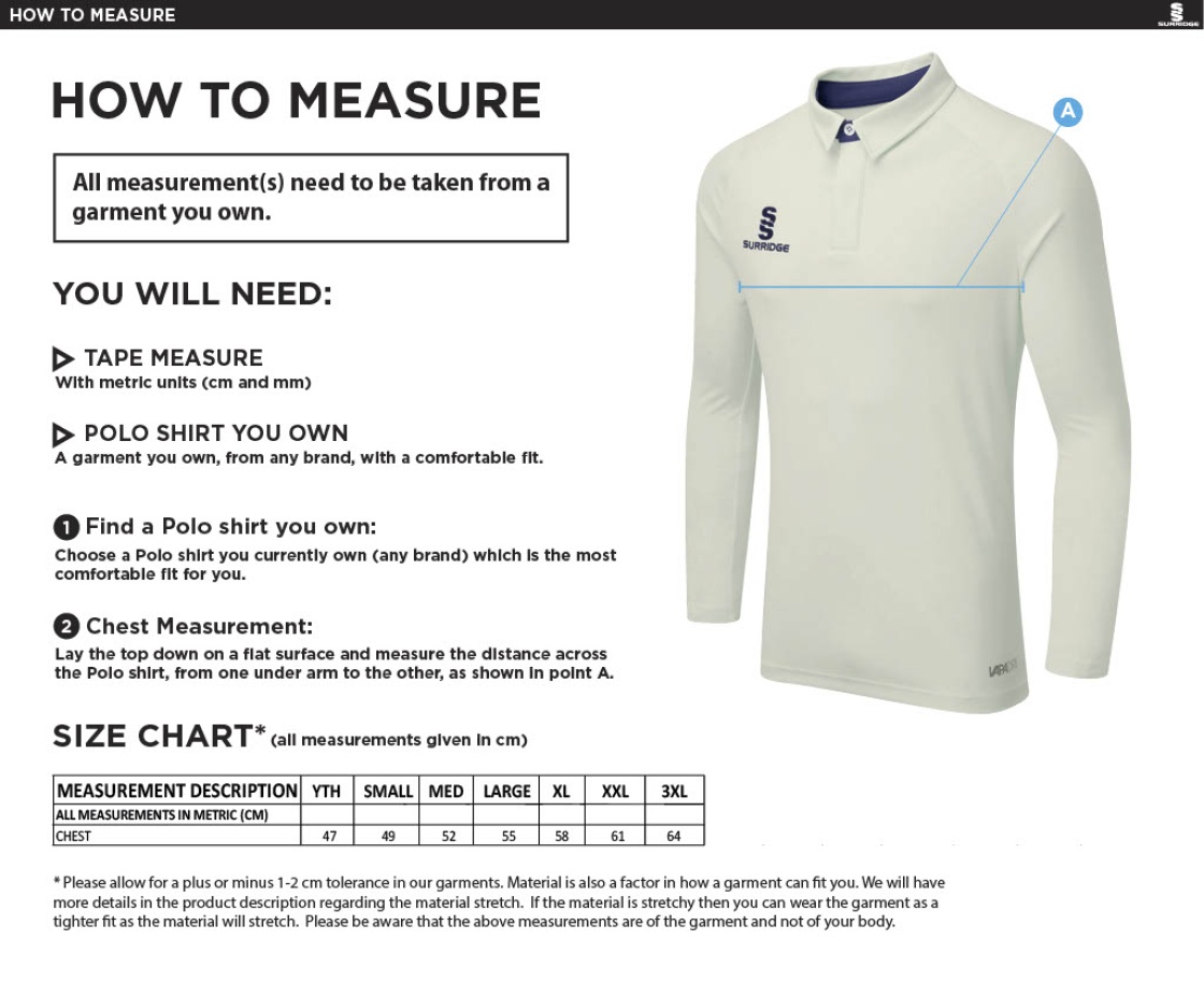 Merrow CC - Dual Cricket Shirt Long Sleeve - Unisex Fit - Size Guide
