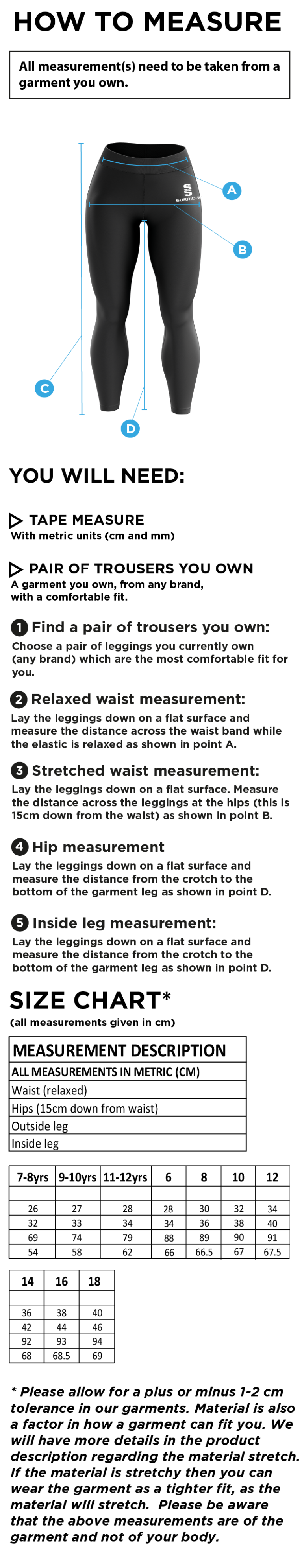 Merrow CC - Performance Full Length Leggings - Women's Fit - Size Guide