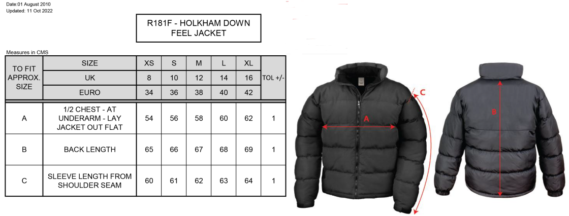 Merrow CC - Holkham Down Feel Jacket - Women's Fit - Size Guide