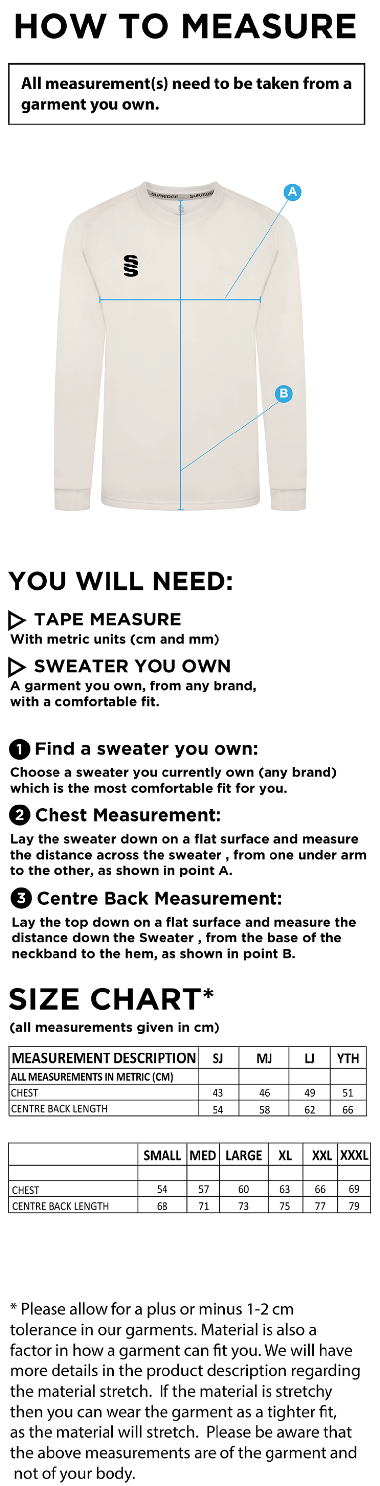 Merrow CC - Blast Long Sleeve Cricket Sweater - Unisex Fit - Size Guide