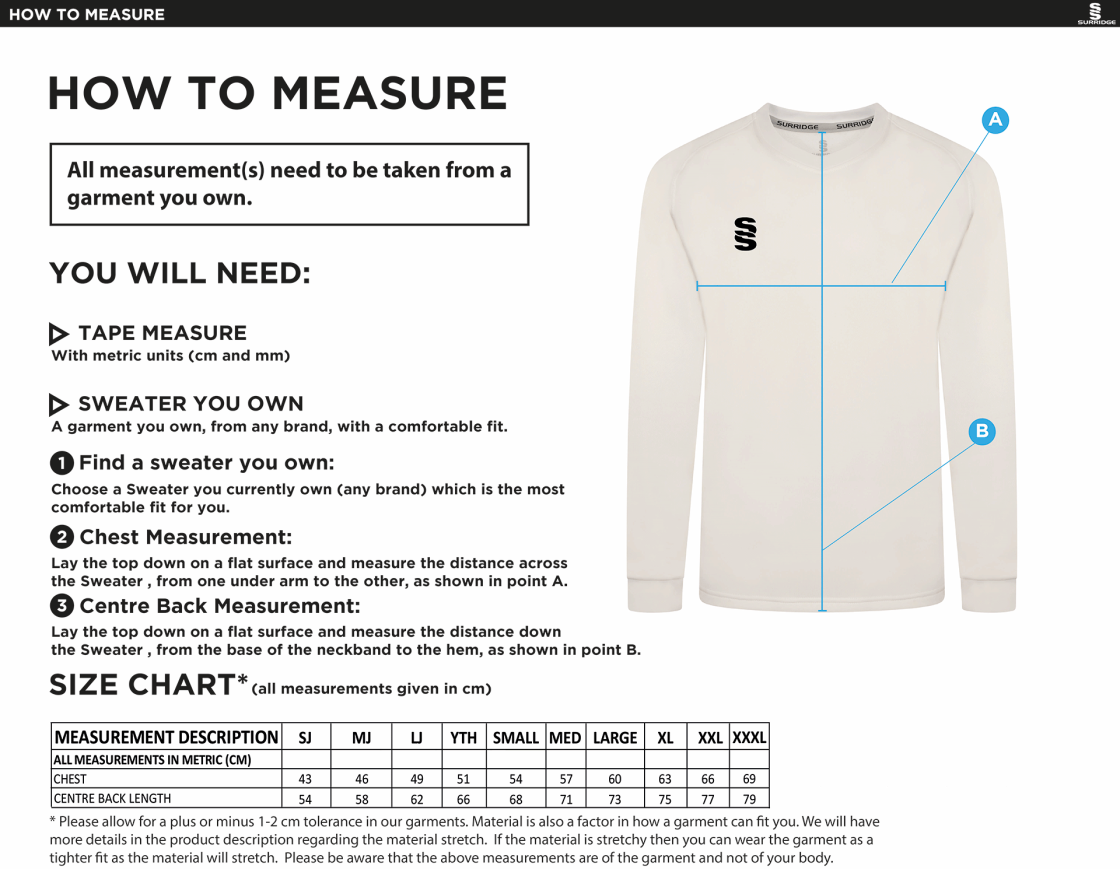 Merrow CC - Blast Long Sleeve Cricket Sweater - Unisex Fit - Size Guide