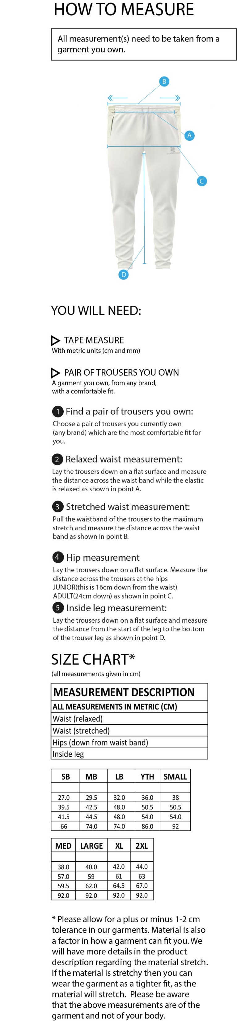 Merrow CC - Bespoke Playing Pant - Size Guide