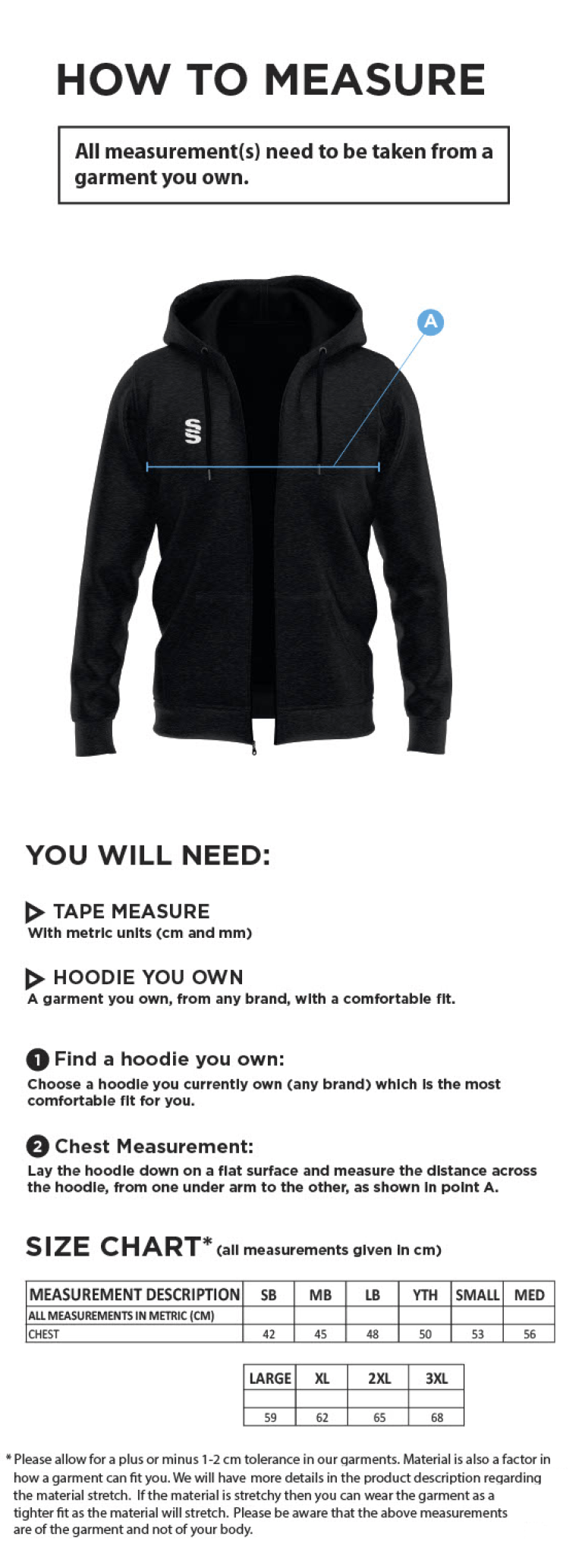 Merrow CC - Dual Full Zip Hoody - Unisex Fit - Size Guide