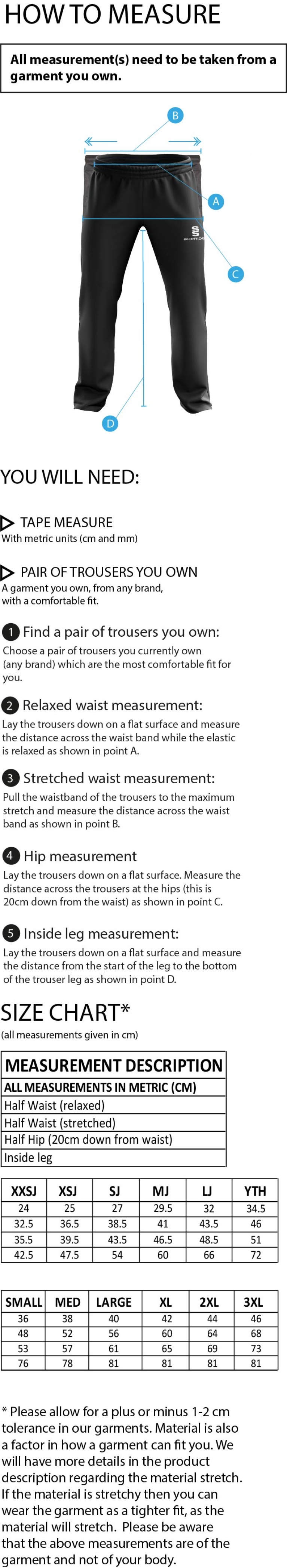 Merrow CC - Dual Poplin Track Pant - Unisex Fit - Size Guide