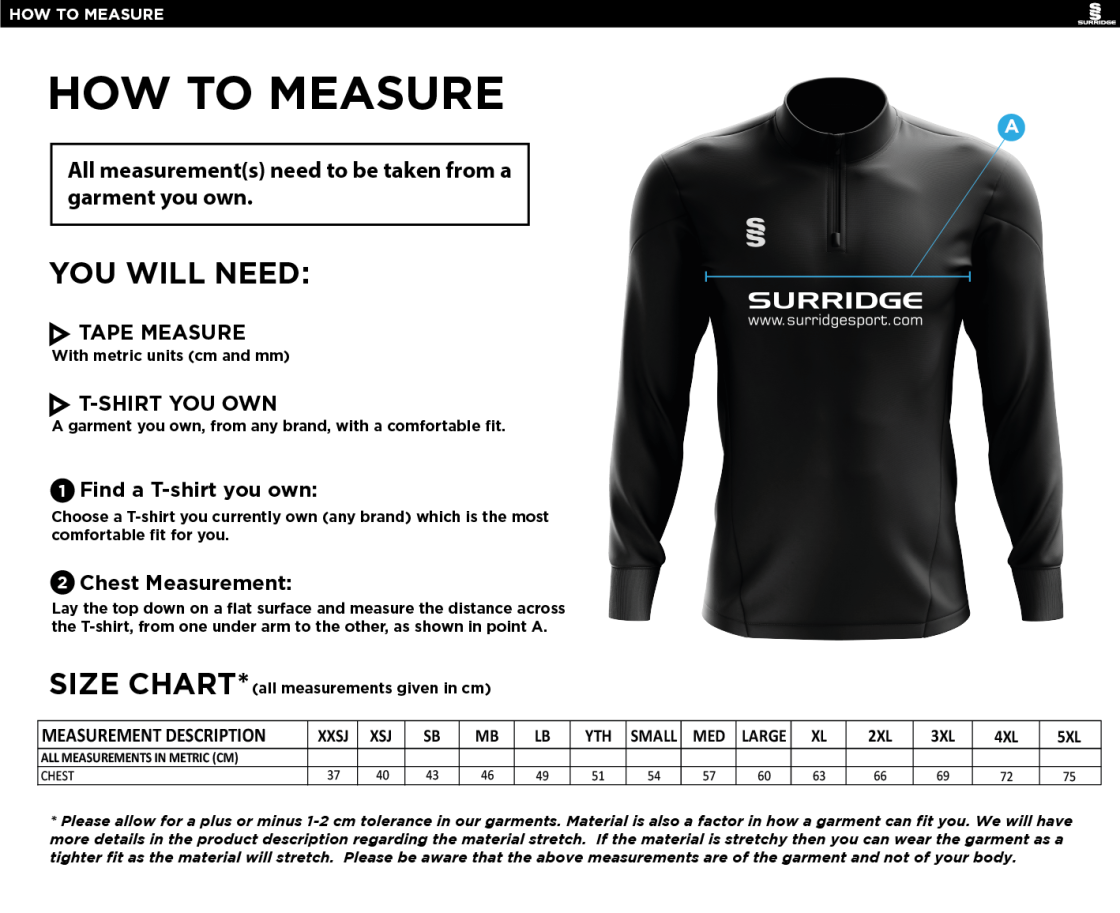Merrow CC - 1/4 Zip Dual Performance Top - Unisex Fit - Size Guide