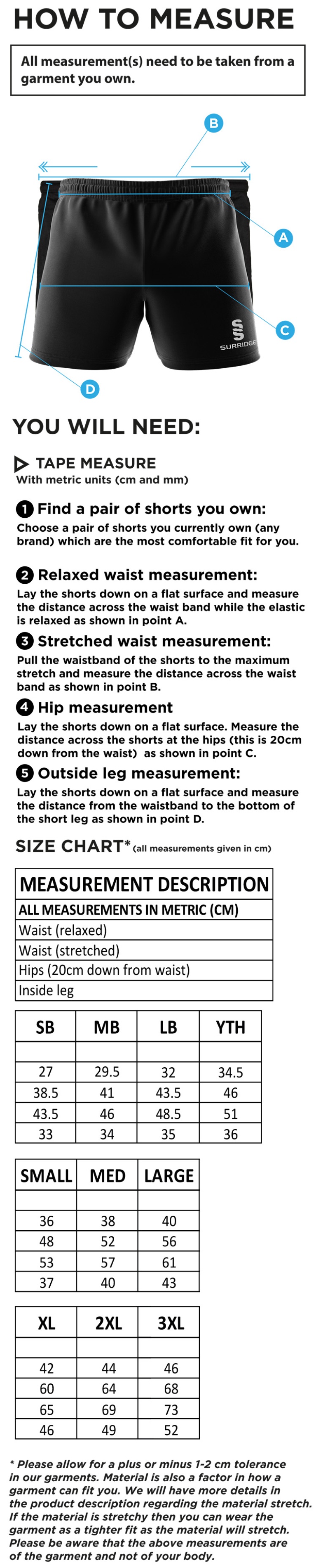 Merrow CC - Performance Gym Short - Unisex Fit - Size Guide