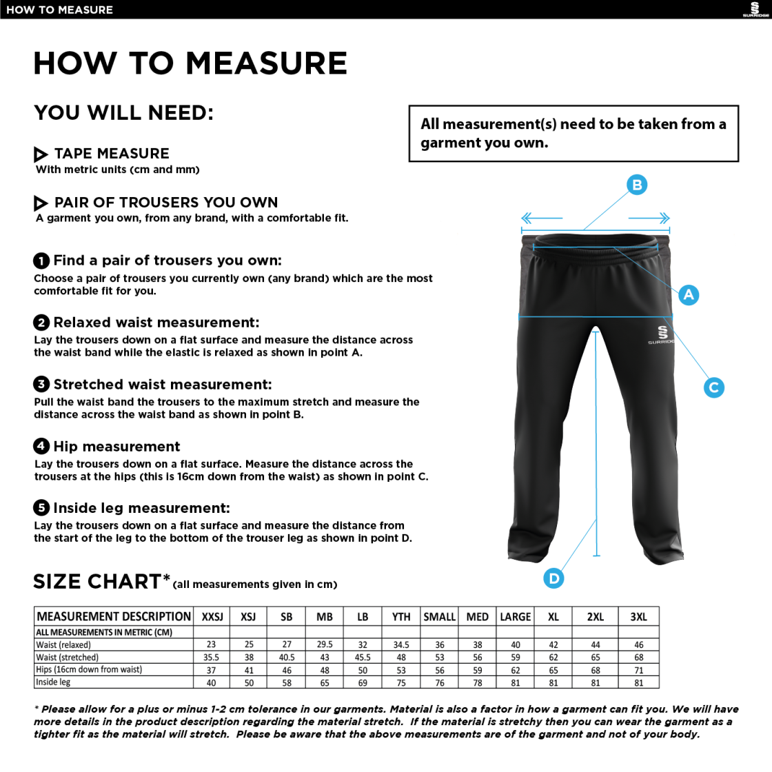 Merrow CC - Poplin Track Pant - Unisex Fit - Size Guide