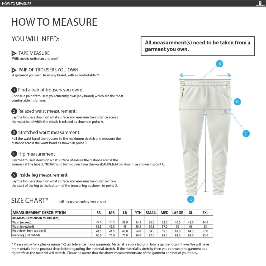 Merrow Cricket Club - Bespoke Playing Pant - Size Guide