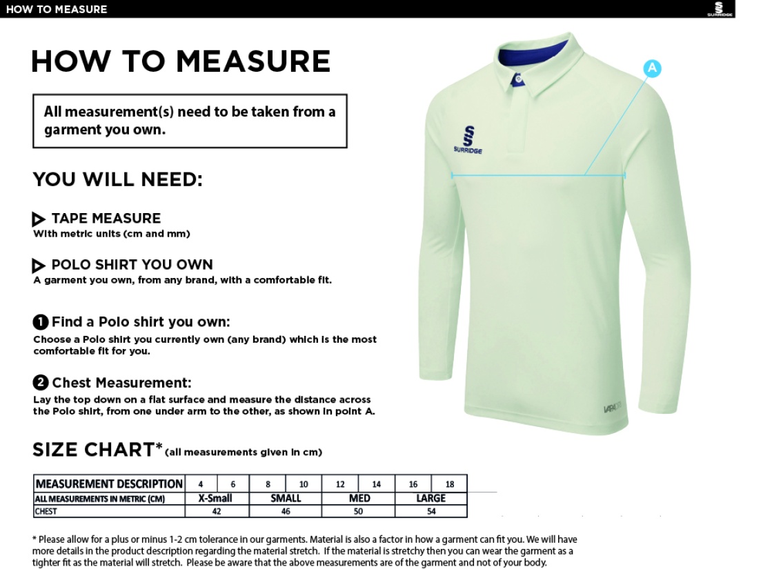 Merrow CC - Dual Cricket Shirt Long Sleeve - Women's Fit - Size Guide