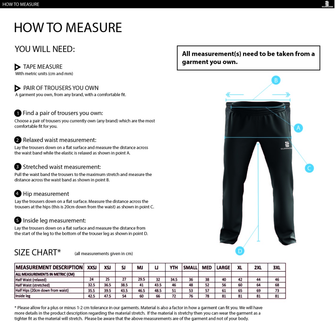 Merrow CC - Dual Poplin Track Pant - Unisex Fit - Size Guide