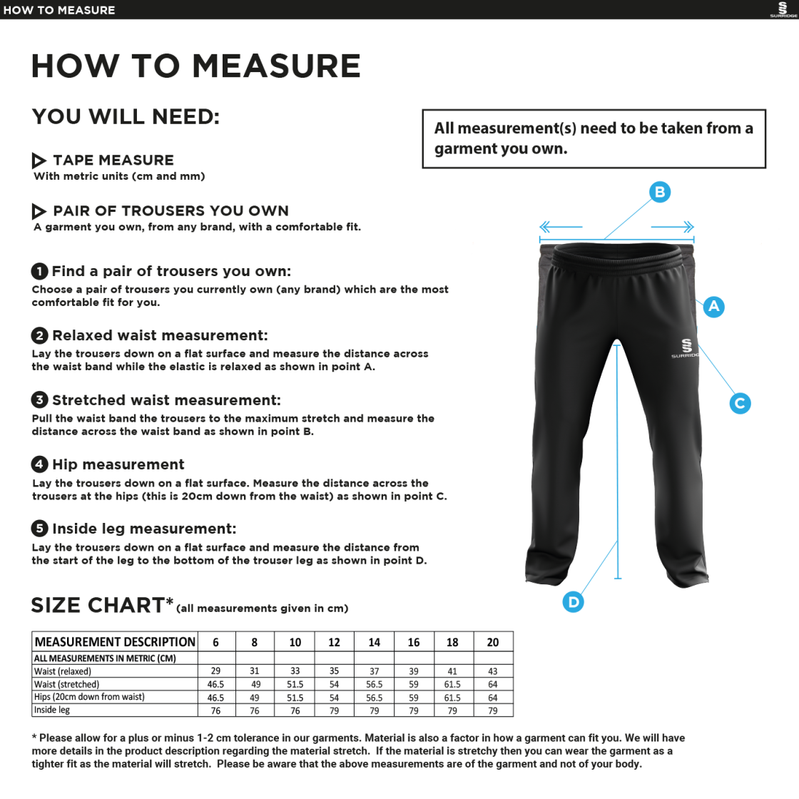 Merrow CC - Dual Poplin Track Pant - Women's Fit - Size Guide