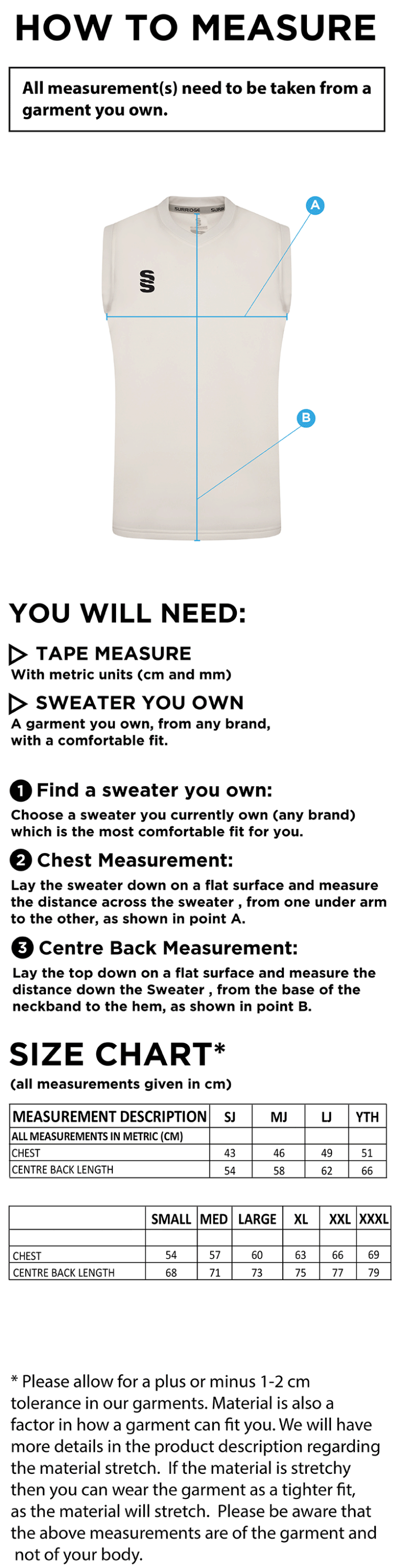 Merrow CC - Blast Sleeveless Cricket Sweater - Unisex Fit - Size Guide