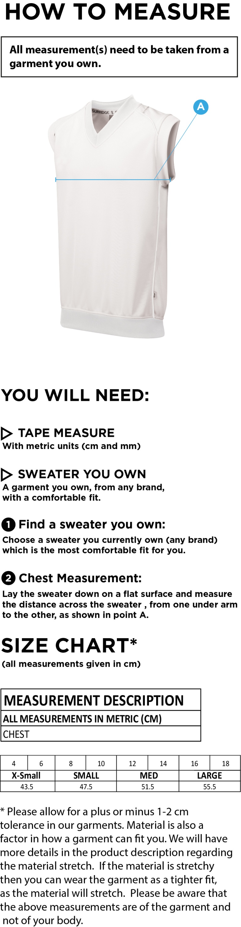 Merrow CC - Blast Sleeveless Cricket Sweater - Women's Fit - Size Guide