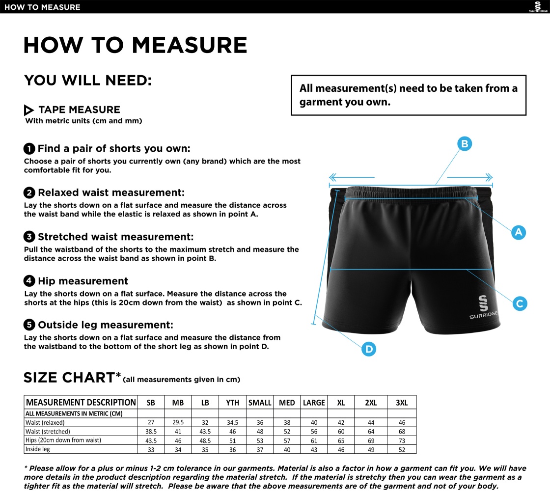 Merrow CC - Performance Gym Short - Unisex Fit - Size Guide