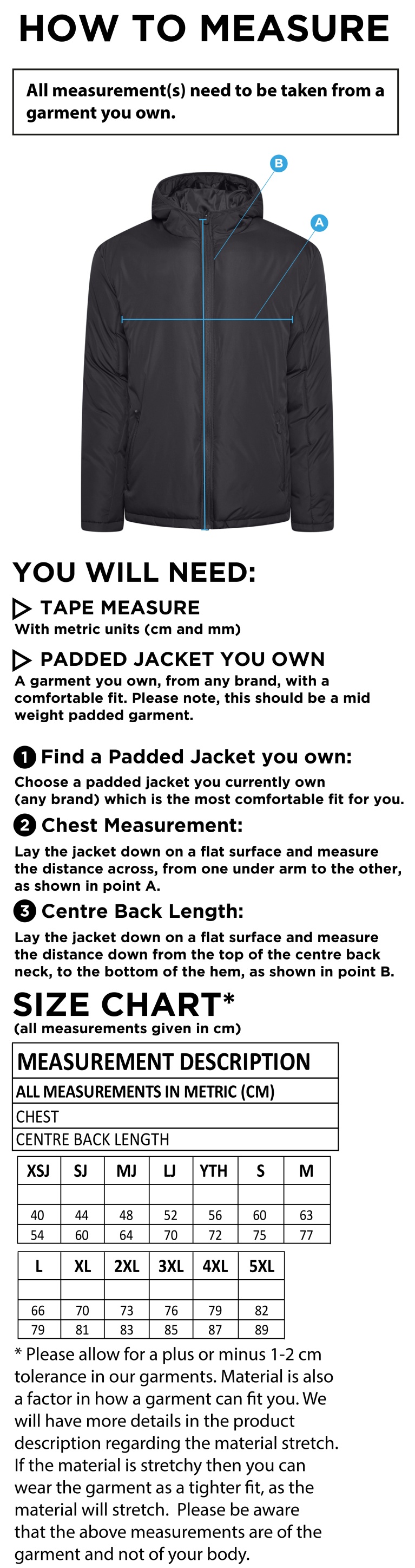 Merrow CC - Active Padded Jacket - Unisex Fit - Size Guide