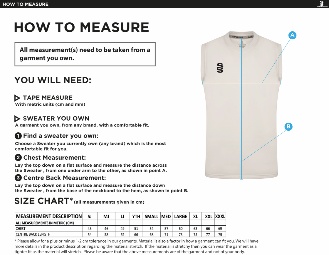 Merrow CC - Blast Sleeveless Cricket Sweater - Unisex Fit - Size Guide