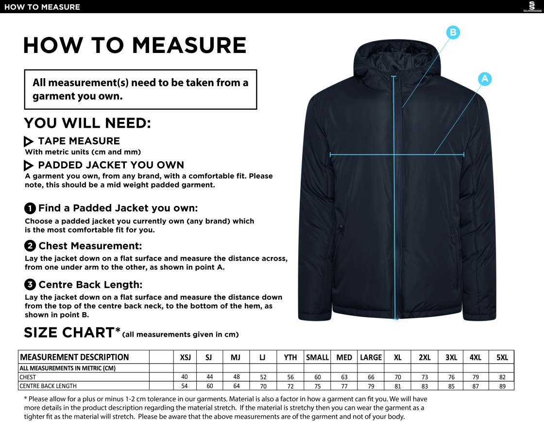 Merrow CC - Active Padded Jacket - Unisex Fit - Size Guide