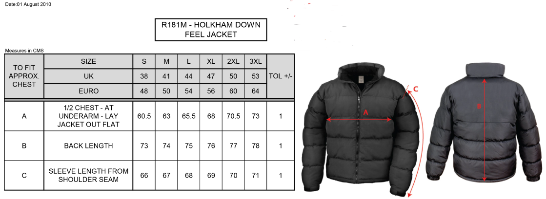 Merrow CC - Holkham Down Feel Jacket - Unisex Fit - Size Guide