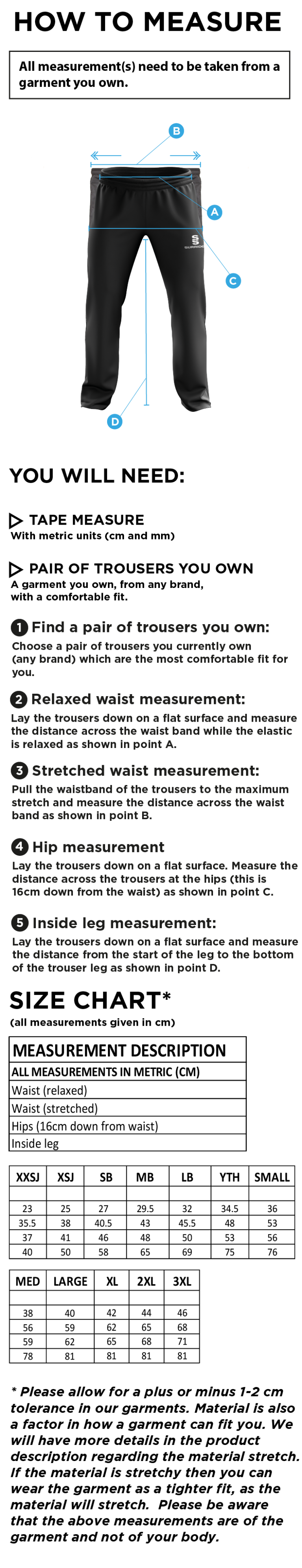 Merrow CC - Poplin Track Pant - Unisex Fit - Size Guide