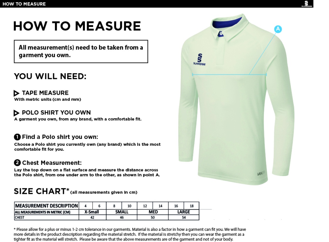 Merrow CC - Dual Cricket Shirt Long Sleeve - Women's Fit - Size Guide