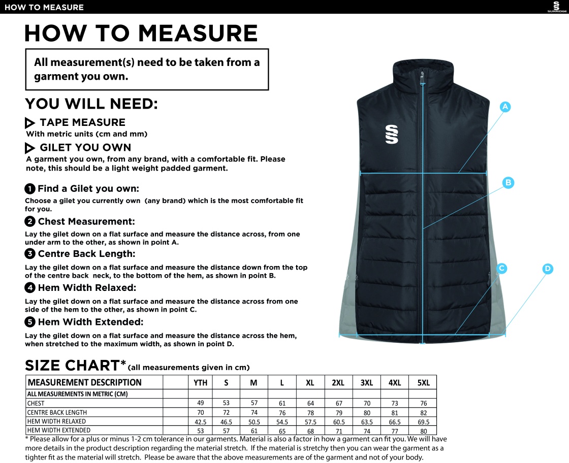 Merrow CC - Active Gilet - Unisex Fit - Size Guide