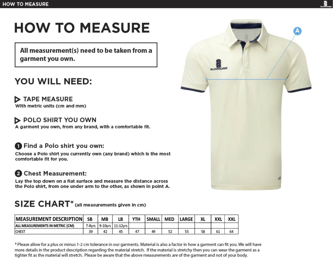 Merrow CC - Dual Cricket Shirt Short Sleeve - Unisex Fit - Size Guide