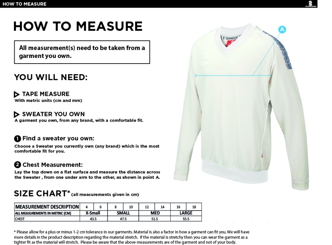 Merrow CC - Blast Long Sleeve Cricket Sweater - Women's Fit - Size Guide
