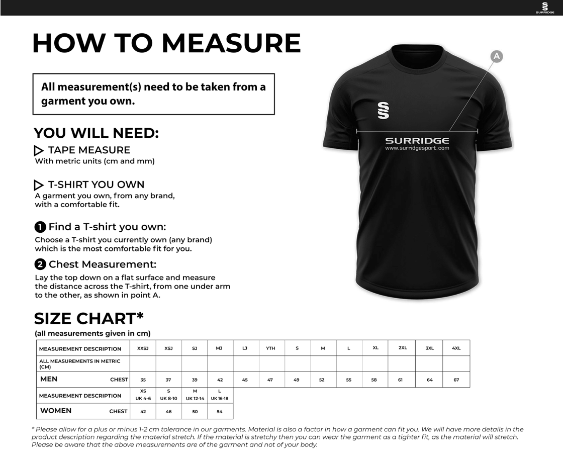 Merrow Cricket Club - Bespoke Short Sleeve Shirt - Size Guide