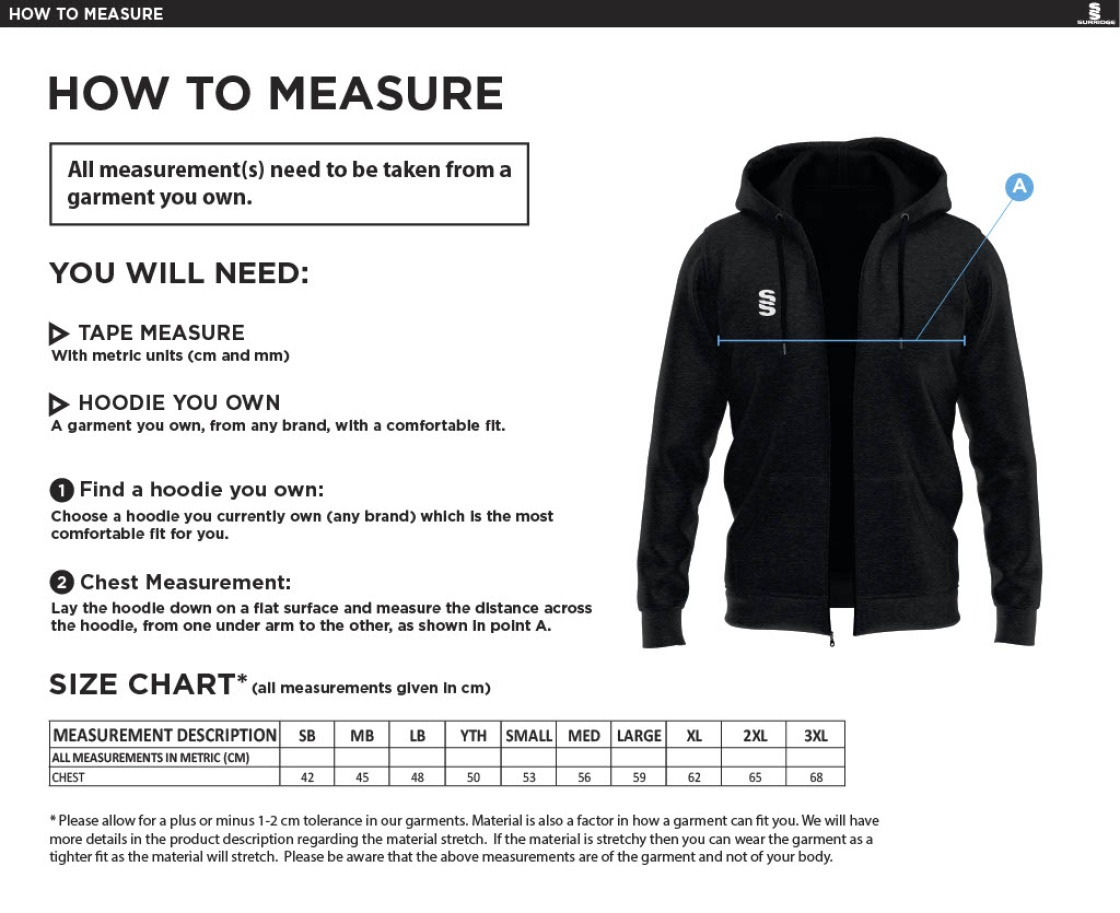 Merrow CC - Dual Full Zip Hoody - Unisex Fit - Size Guide