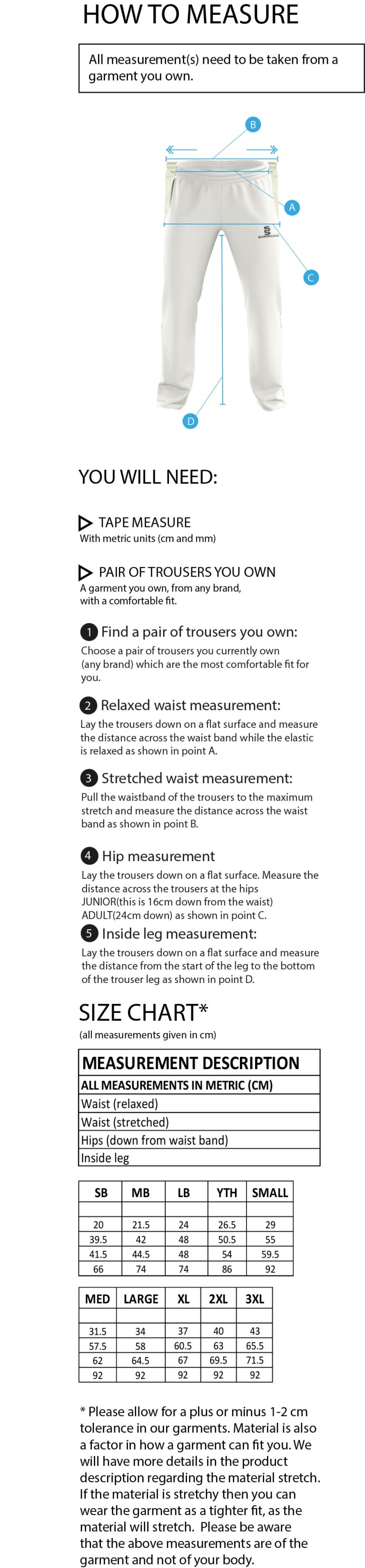 Merrow CC - Standard Playing Pant - Unisex Fit - Size Guide