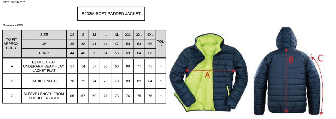 Merrow CC - Supersoft Padded Jacket - Unisex Fit - Size Guide