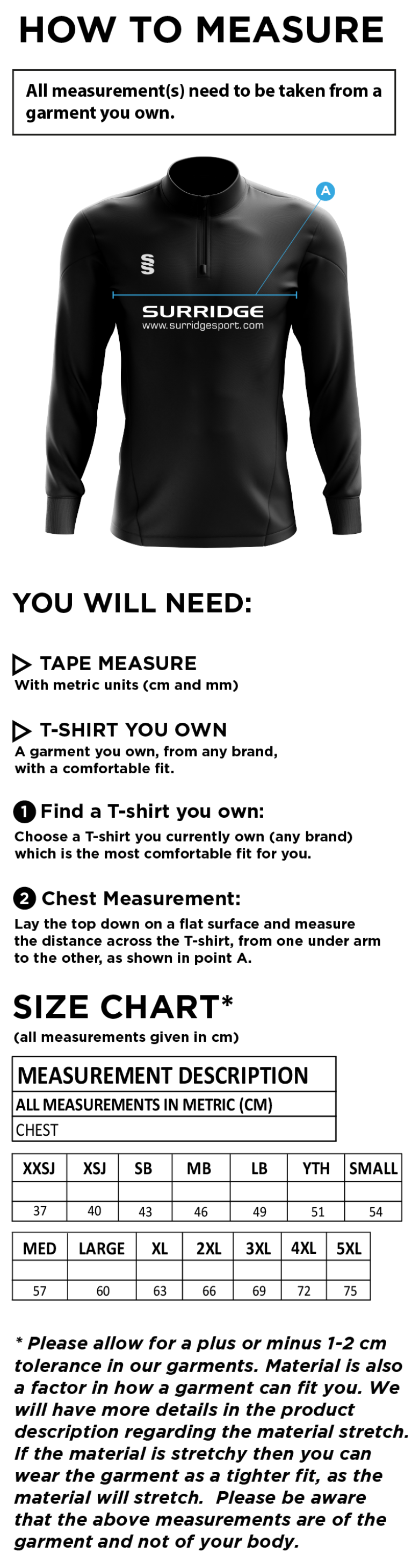 Merrow CC - 1/4 Zip Dual Performance Top - Unisex Fit - Size Guide